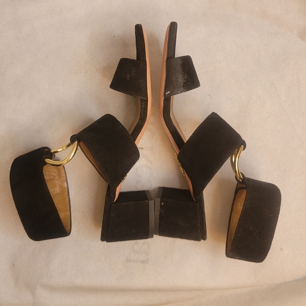 AQUAZZURA CAMEL SUEDE SAFARI LEATHER GOLD RING MID HEEL ANKLE STRAP  SANDALS - Picture 5 of 16